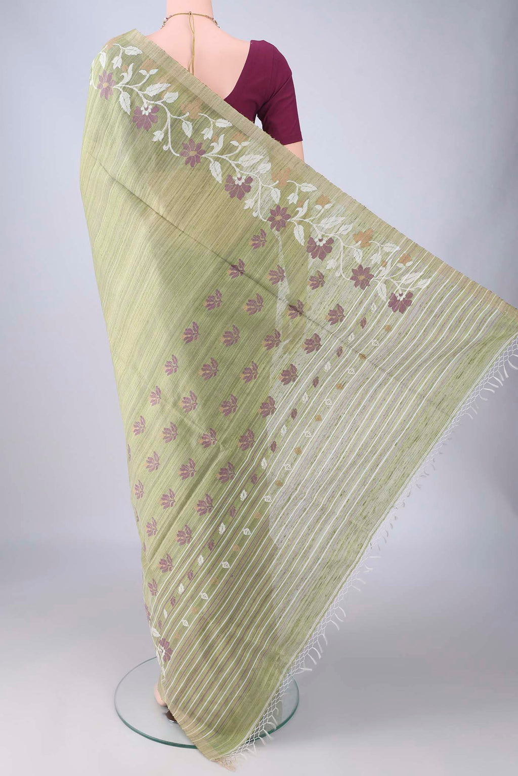 Flat view of Light Green Jute Silk Saree with Plain Body and Thread Border. 