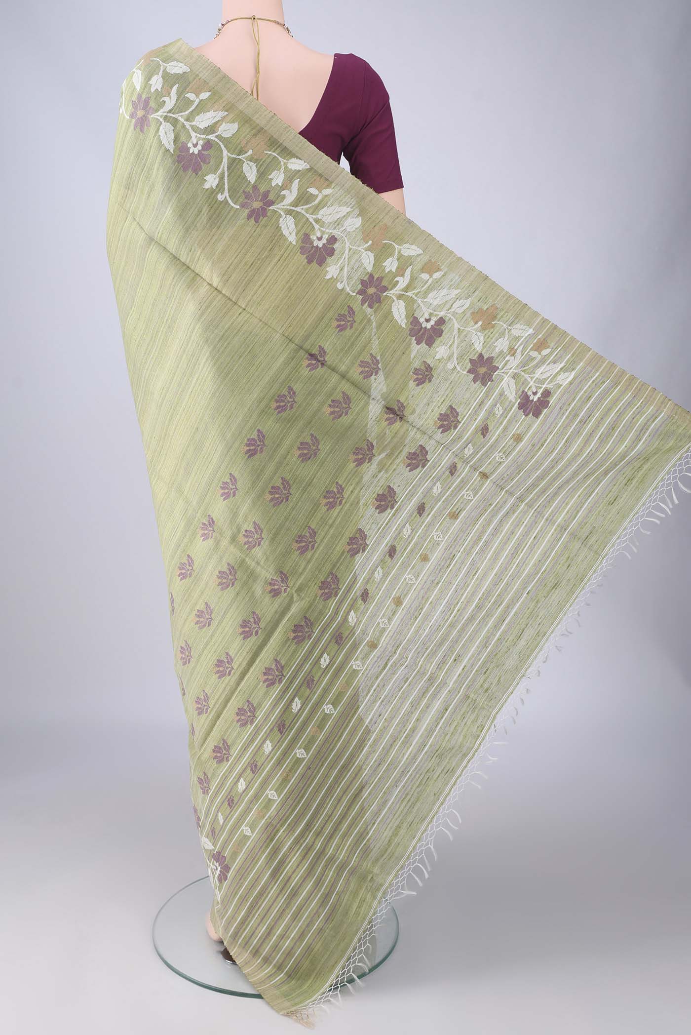 Flat view of Light Green Jute Silk Saree with Plain Body and Thread Border. 