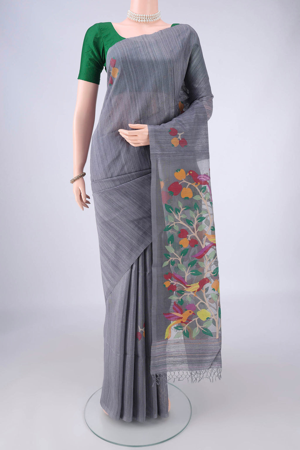 Blue Grey Jute Silk Saree with Jamdani on the body and Plain Border.  displayed on a mannequin
