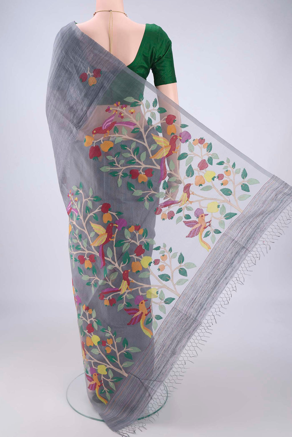 Flat view of Blue Grey Jute Silk Saree with Jamdani on the body and Plain Border. 