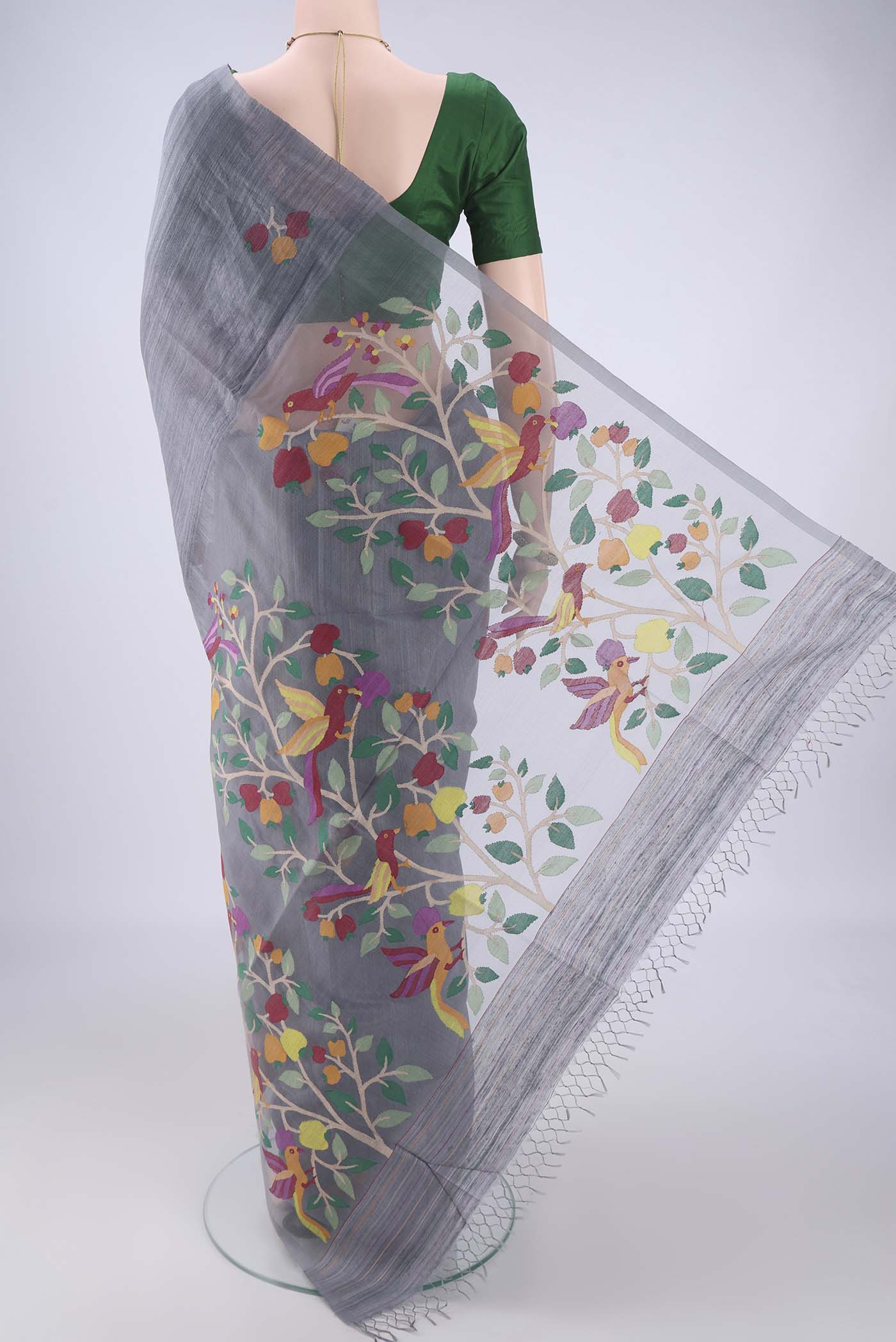 Flat view of Blue Grey Jute Silk Saree with Jamdani on the body and Plain Border. 