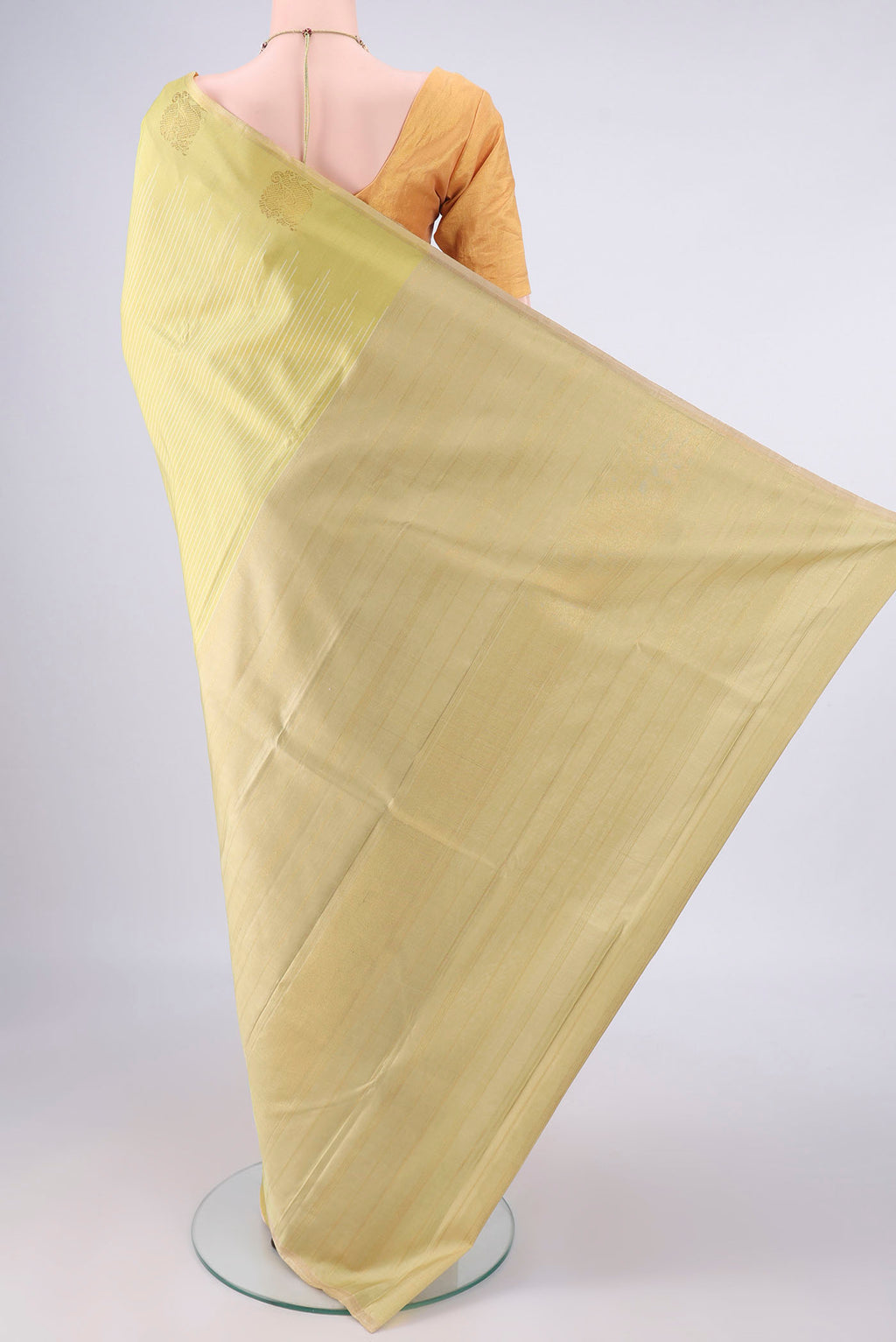 Flat view of Pure Silk Pure Zari Sandal Kanchipuram Saree with Stripes on the body and Without Border. 