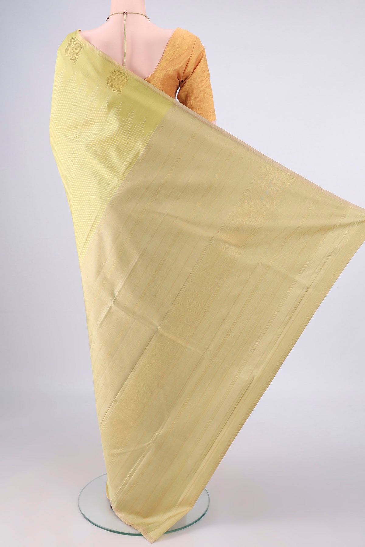 Flat view of Pure Silk Pure Zari Sandal Kanchipuram Saree with Stripes on the body and Without Border. 