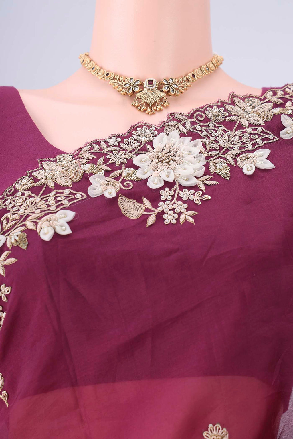 Border image of Burgundy Kanjivaram Silk Saree with Embroidery on the body and Embroidery Border. 