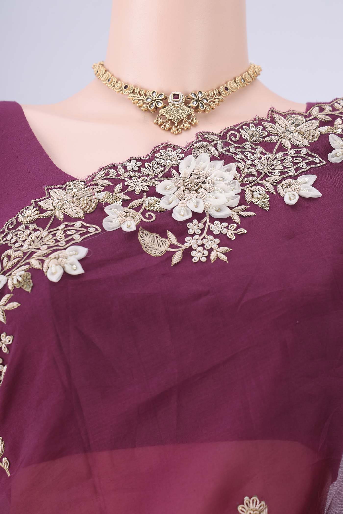 Border image of Burgundy Kanjivaram Silk Saree with Embroidery on the body and Embroidery Border. 