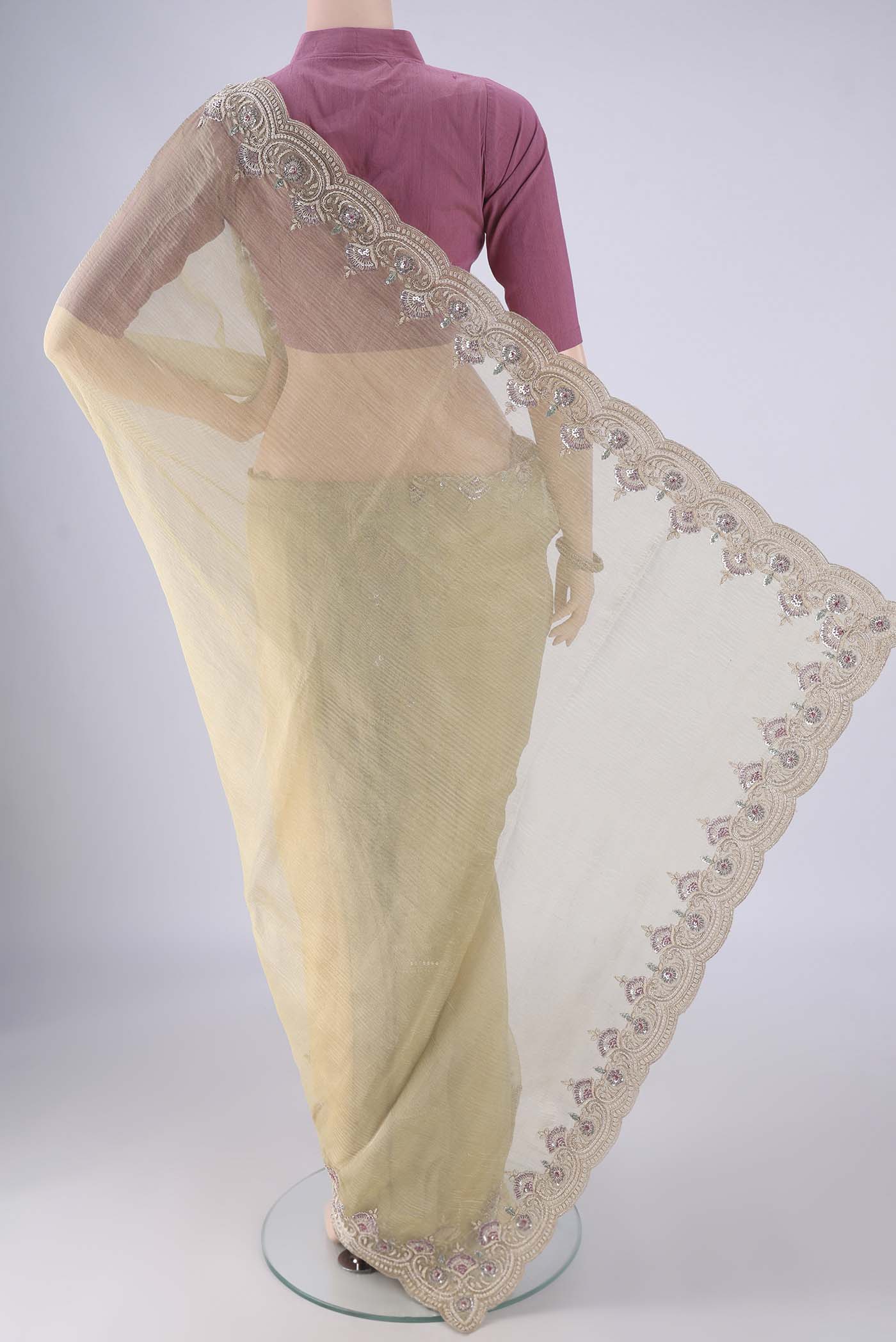 Flat view of Pista Green Kanchipuram Silk Saree with Embroidery on the body and Embroidery Border. 