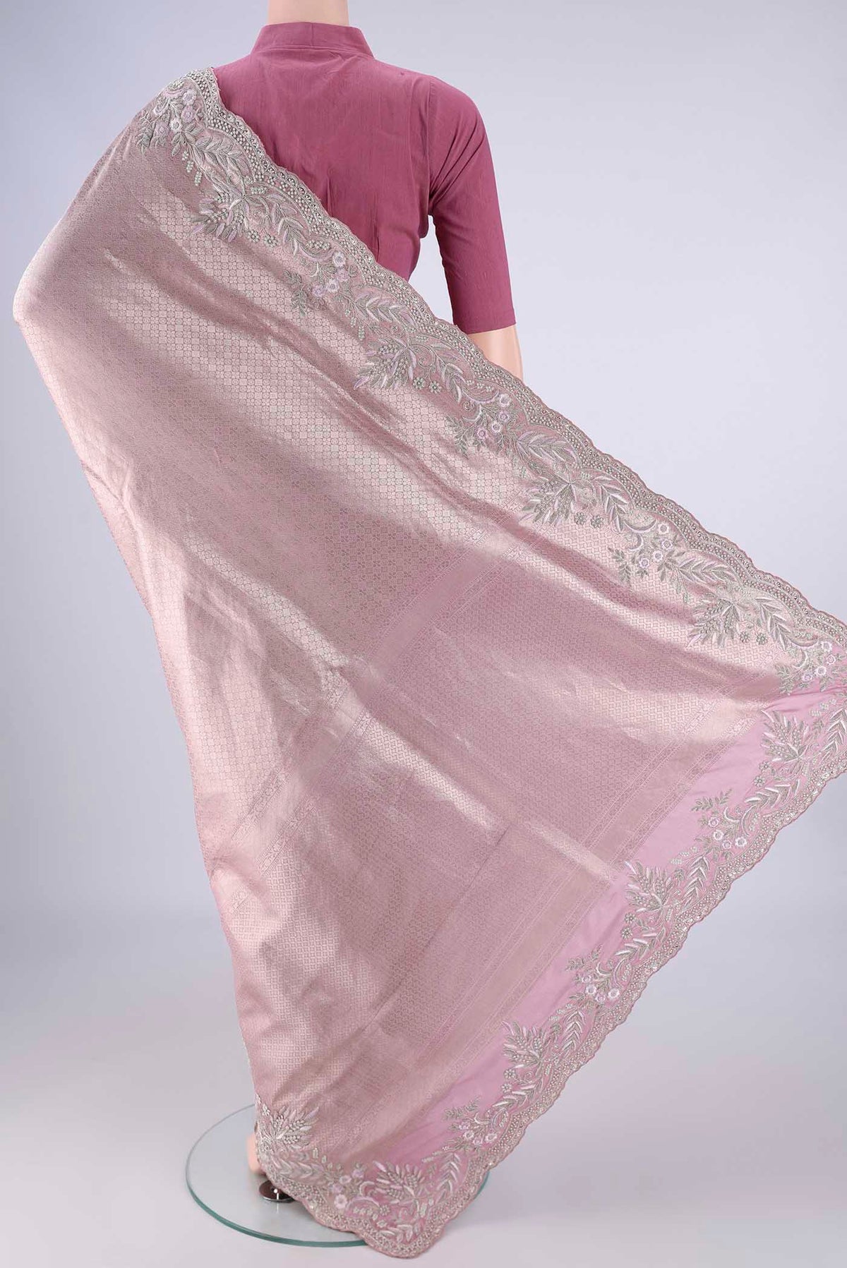 Flat view of Rose pink Banarasi Silk Saree with Zari Brocade on the body and Embroidery Border. 
