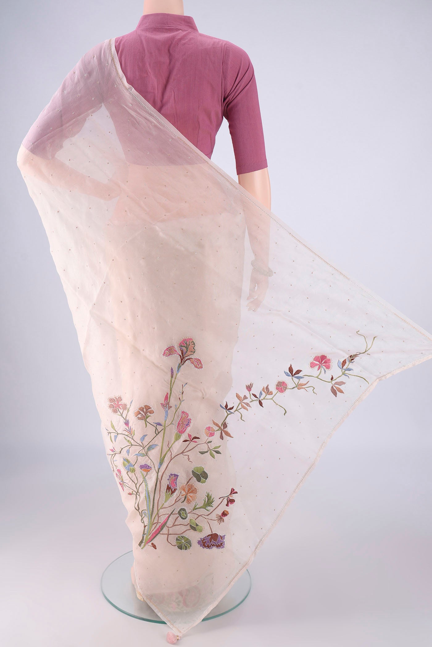 Flat view of Beige Kanjivaram Silk Saree with Embroidery on the body and Zari Border. 