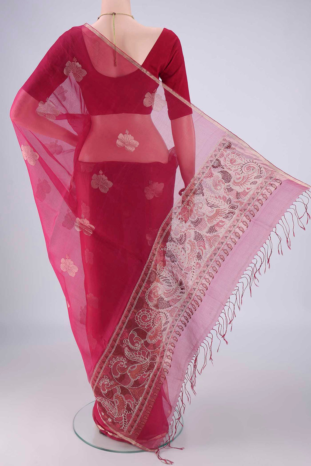 Flat view of Burgundy Kanchipuram Silk Saree with Embroidery on the body and Embroidery Border. 
