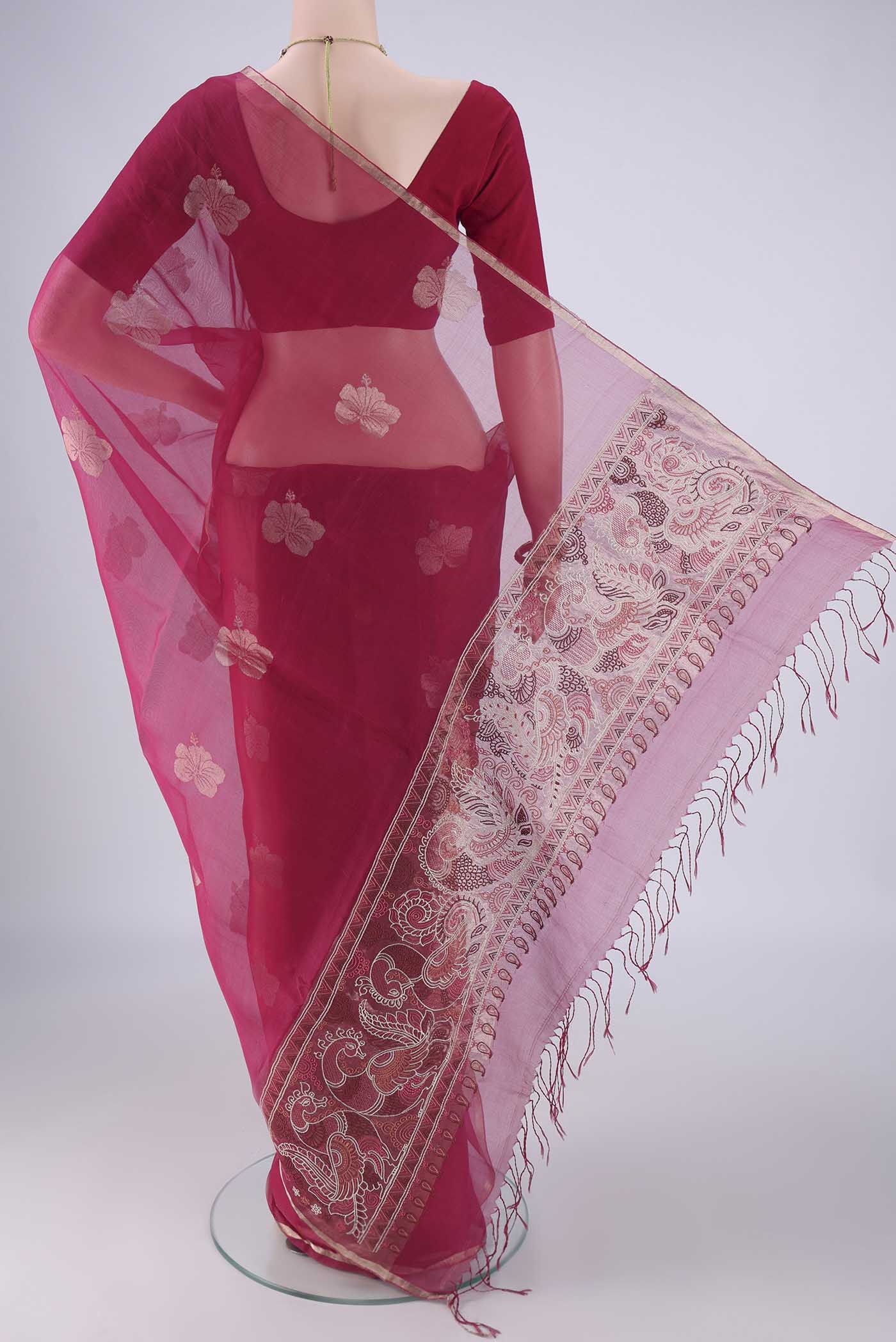 Flat view of Burgundy Kanchipuram Silk Saree with Embroidery on the body and Embroidery Border. 