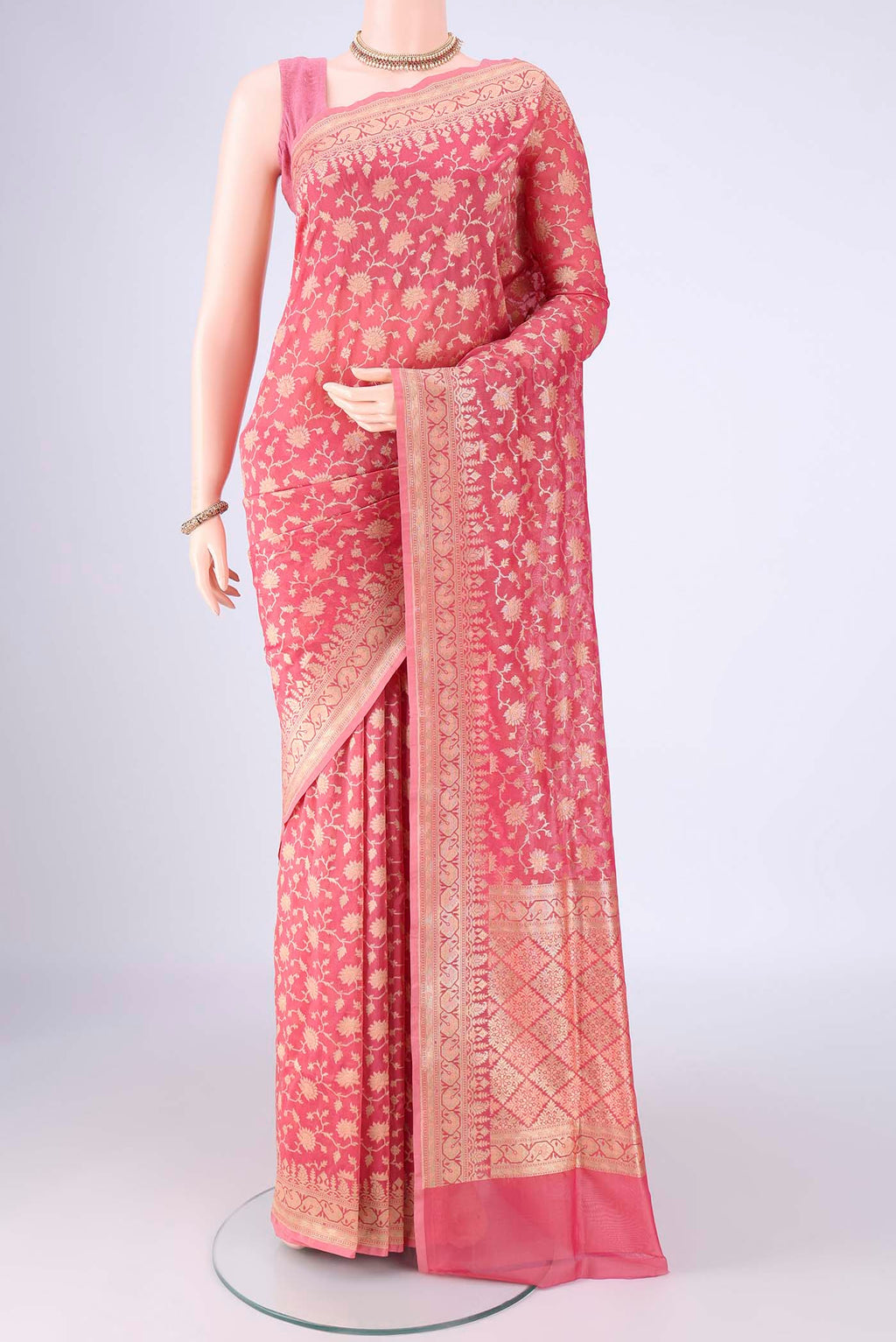 Pink Banarasi Silk Saree with Zari Brocade on the body and Zari Border.  displayed on a mannequin