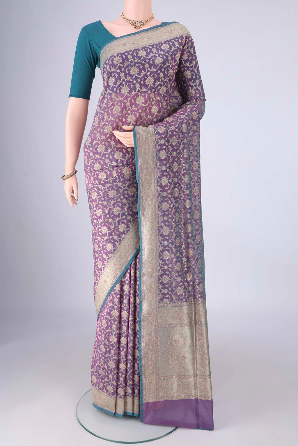 Purple Banarasi Silk Saree with Zari Brocade on the body and Zari Border.  displayed on a mannequin