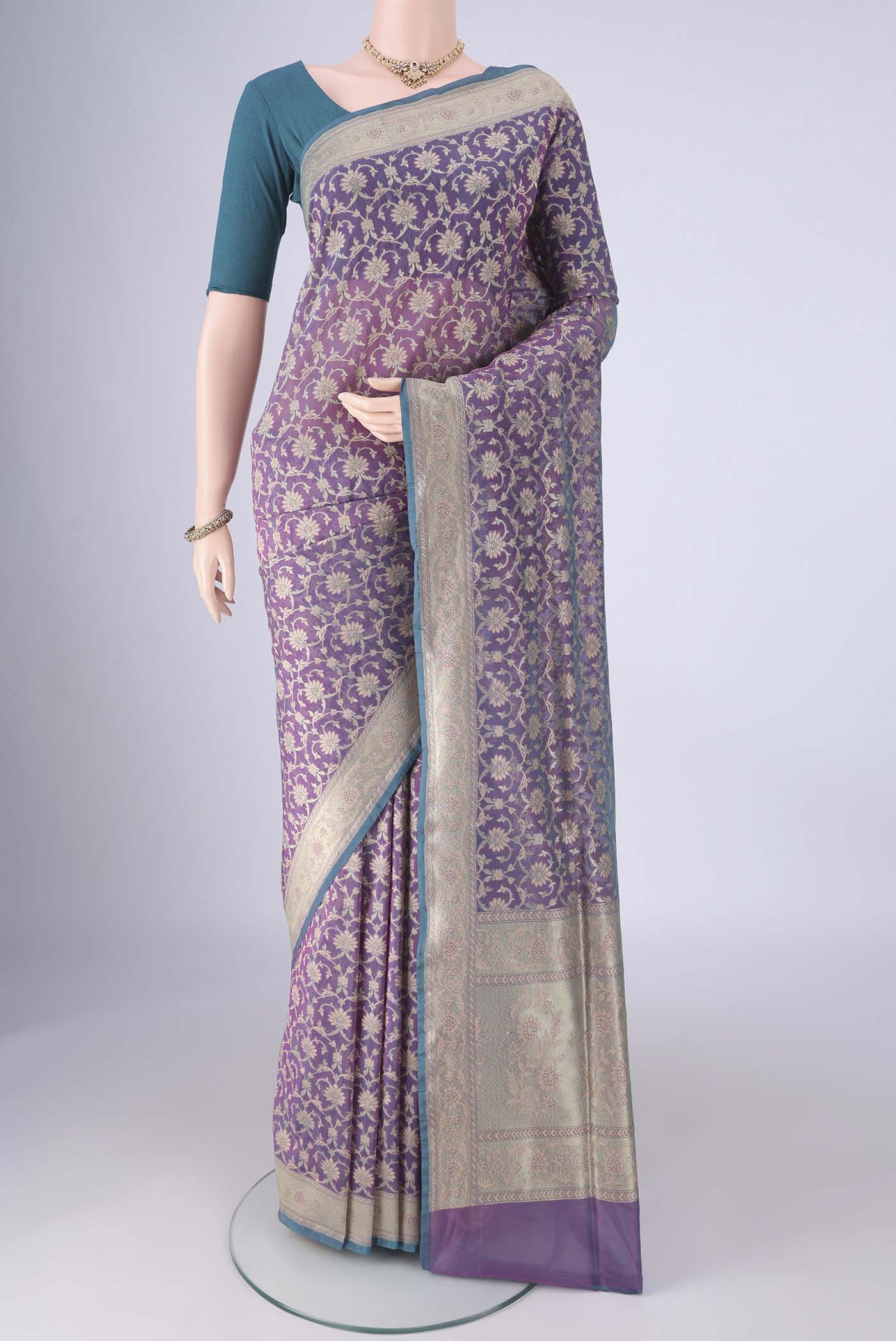 Purple Banarasi Silk Saree with Zari Brocade on the body and Zari Border.  displayed on a mannequin