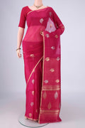Pink Organza Silk Saree with Zari Butta on the body and Zari Border.  displayed on a mannequin