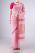 Rose pink Maheshwari Cotton Saree with Thread Butta on the body and Zari Border.  displayed on a mannequin