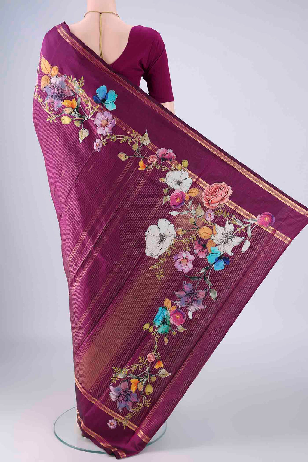 Flat view of Purple Kanchipuram Silk Saree with Stripes on the body and Zari Border. 