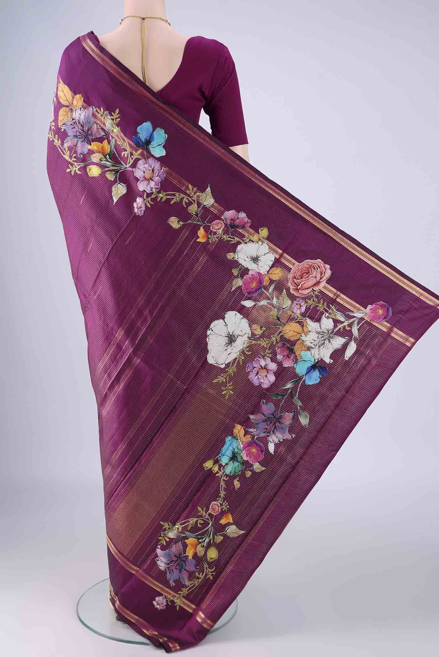 Flat view of Purple Kanchipuram Silk Saree with Stripes on the body and Zari Border. 