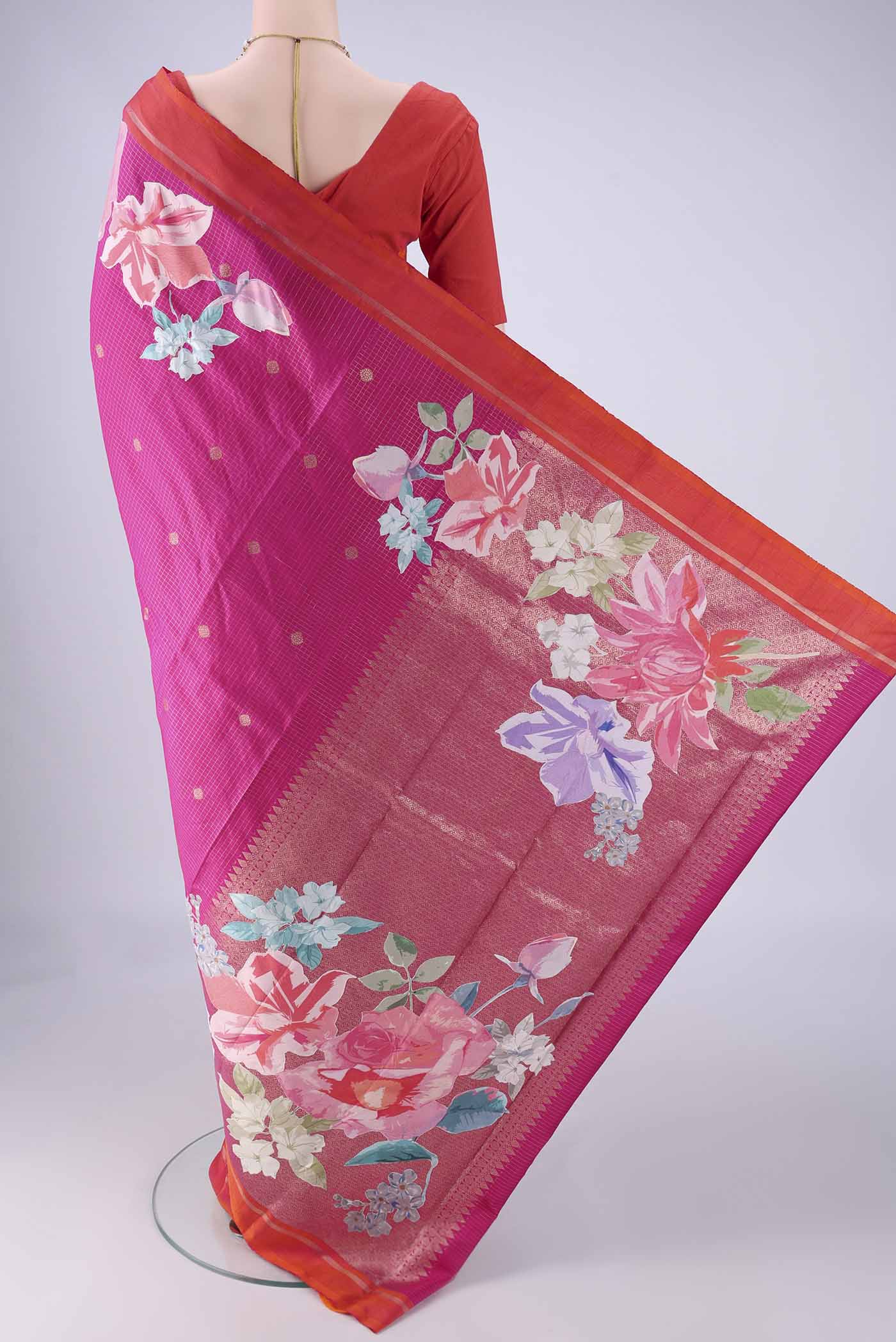 Flat view of Rani Pink Kanchipuram Silk Saree with Checked design on the body and Zari Border. 