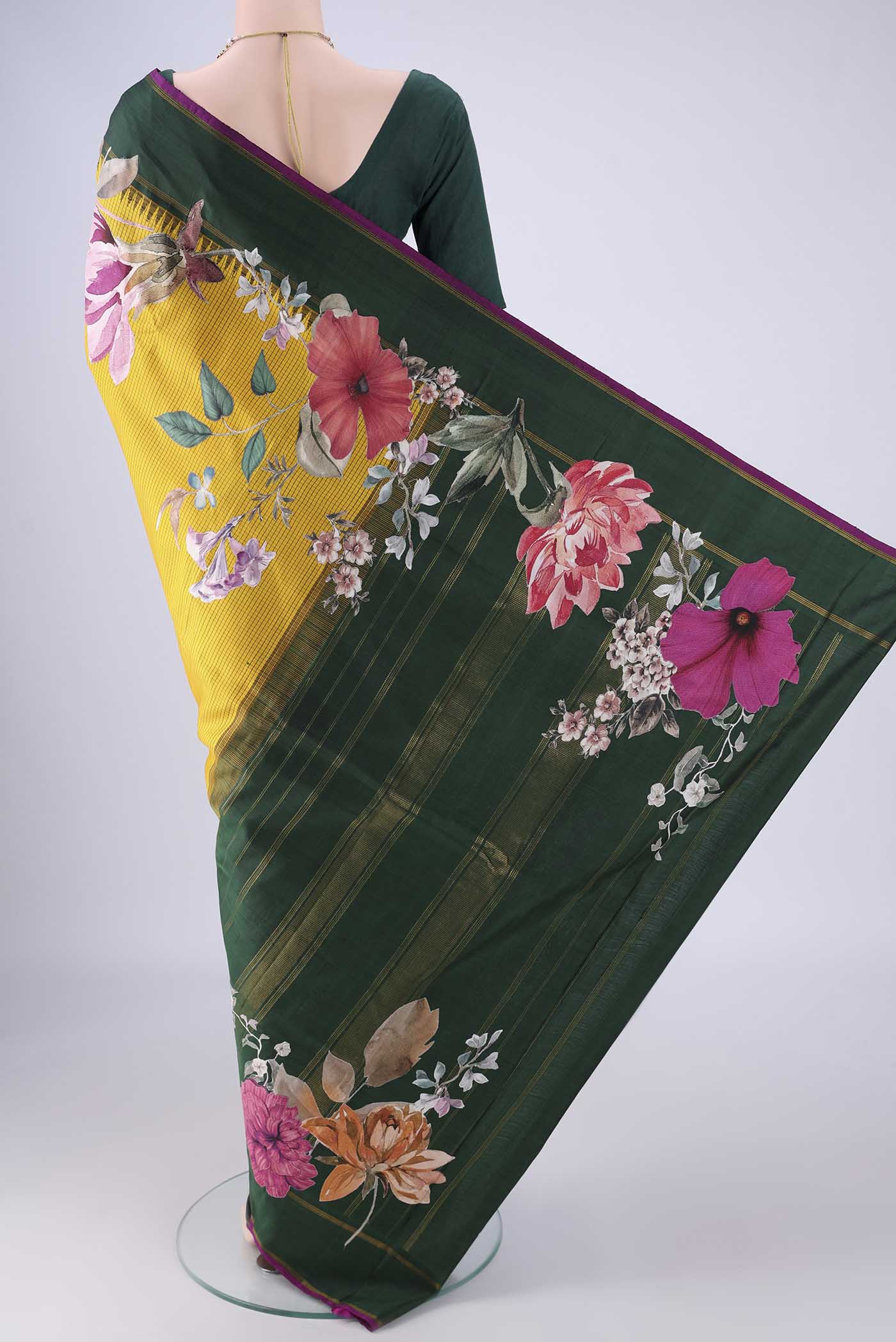 Flat view of Mustard Kanchipuram Silk Saree with Checked design on the body and Plain Border. 