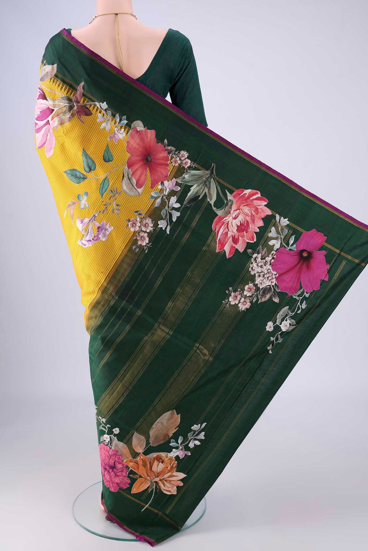 Flat view of Mustard Kanchipuram Silk Saree with Checked design on the body and Plain Border. 