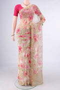 Beige Mysore Chiffon Saree with Floral Print on the body and Zari Border.  displayed on a mannequin