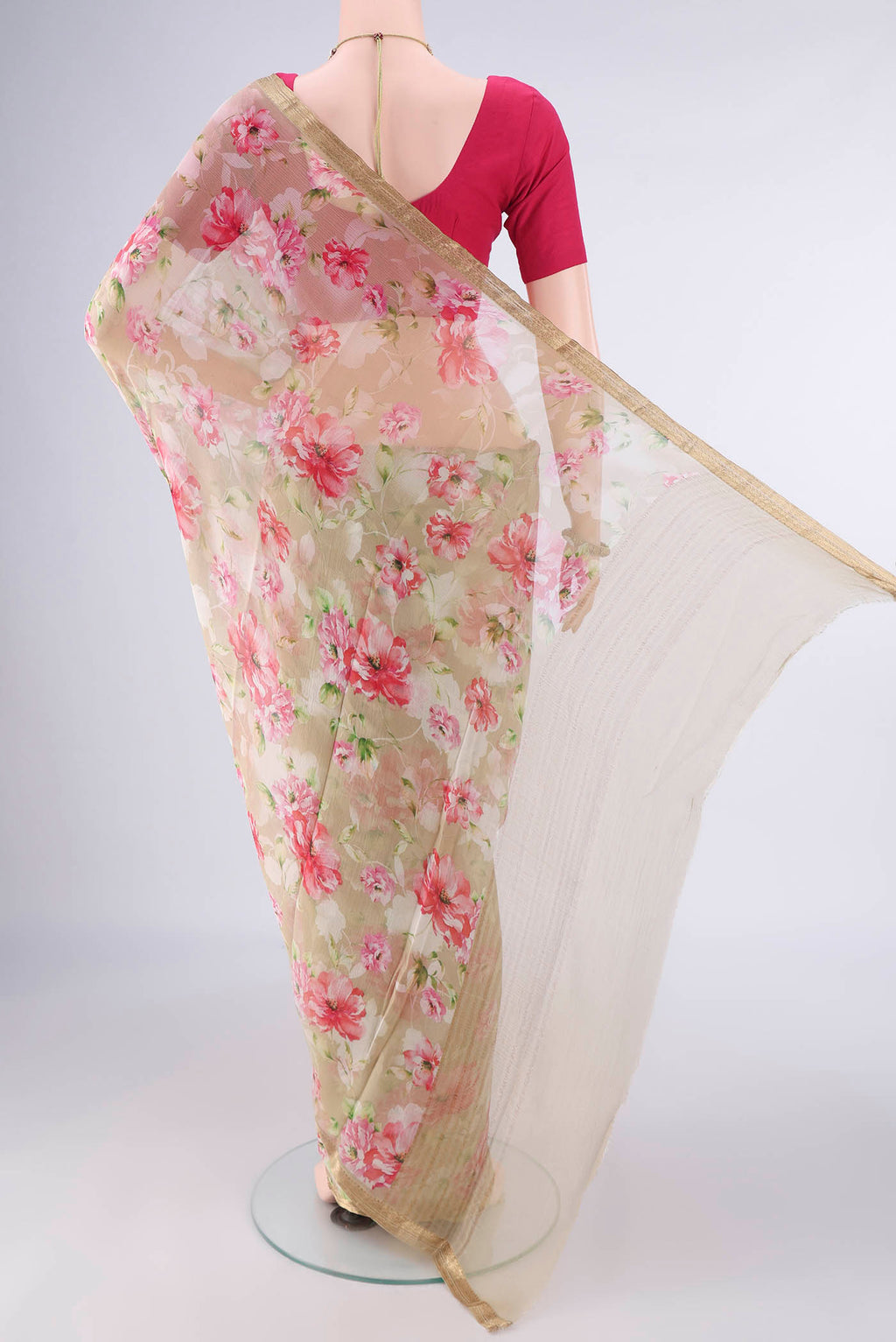 Flat view of Beige Mysore Chiffon Saree with Floral Print on the body and Zari Border. 