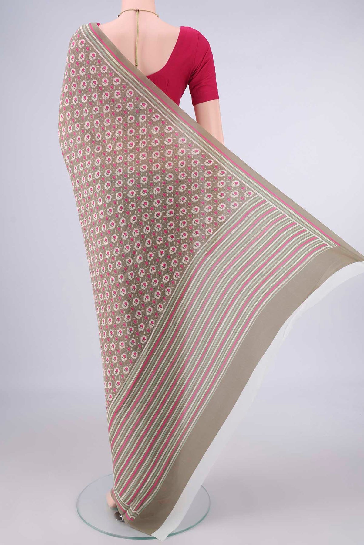 Flat view of Beige Mysore Crepe Saree with Printed design on the body and Printed Border. 