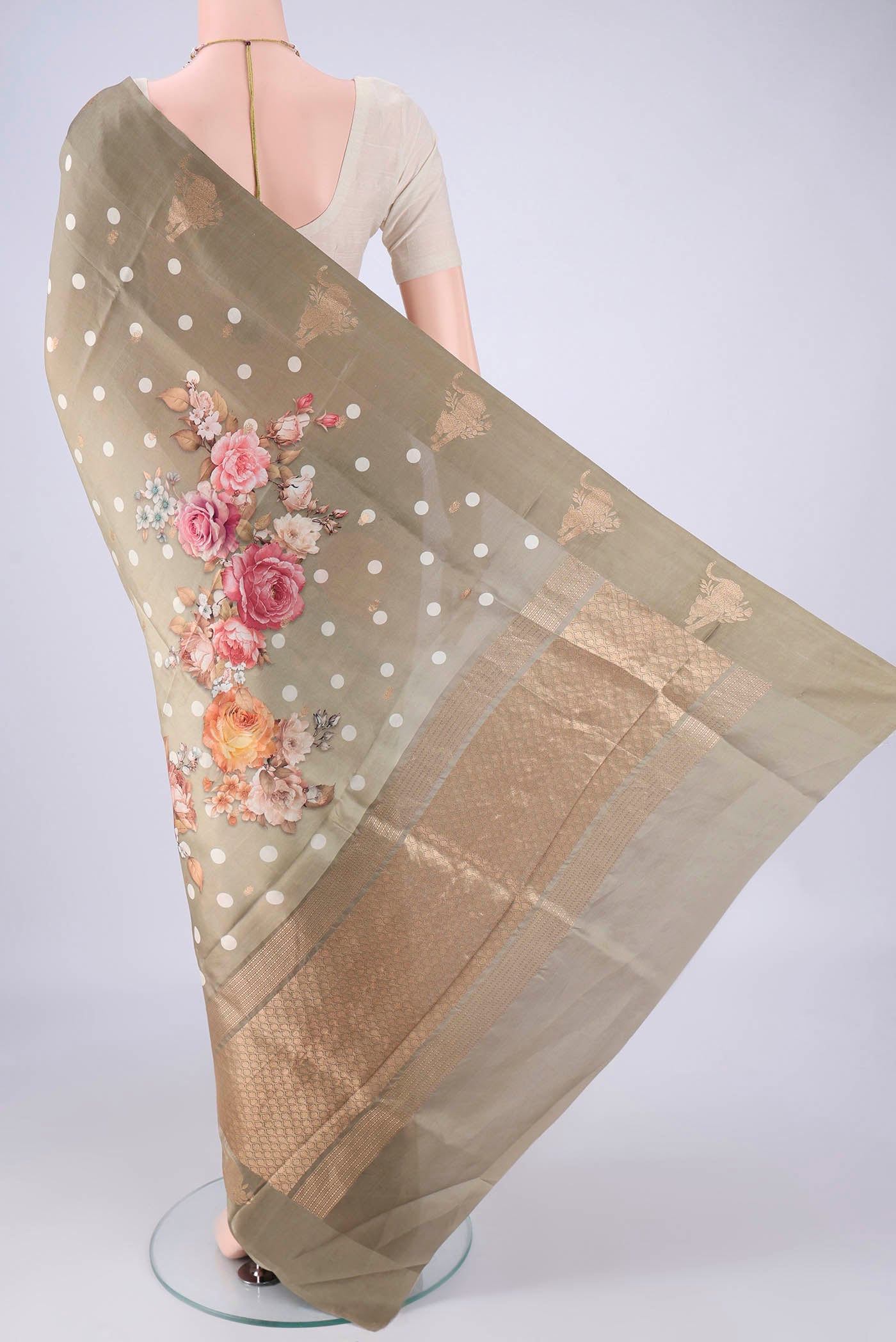 Flat view of Beige Banarasi Katan Silk Saree with Polka Dots on the body and Satin Border. 