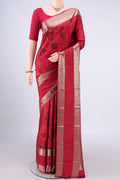 Pure Silk Red Printed Saree with Floral Print on the body and Zari Border.  displayed on a mannequin