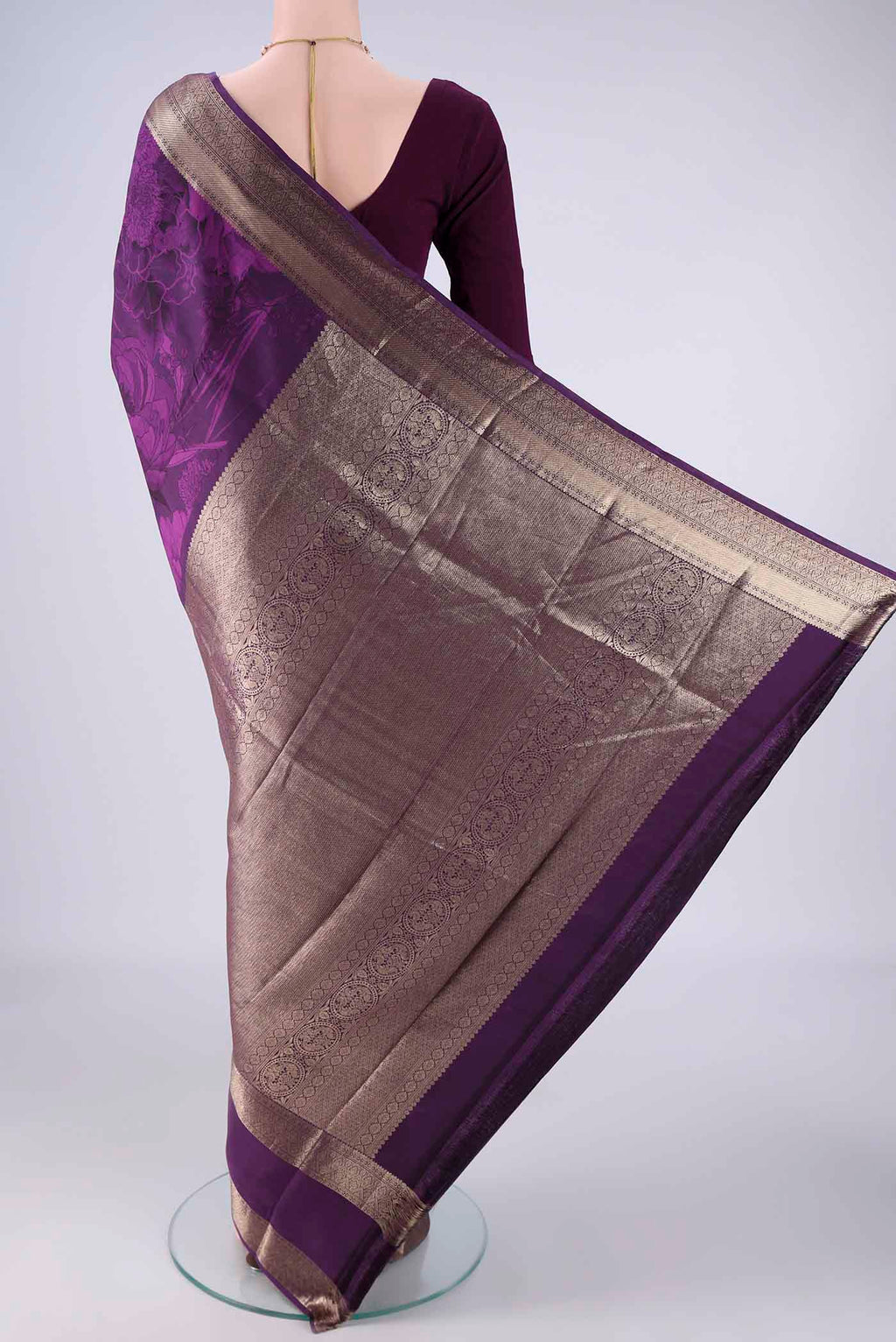 Flat view of Purple Printed Silk Saree with Floral Print on the body and Zari Border. 