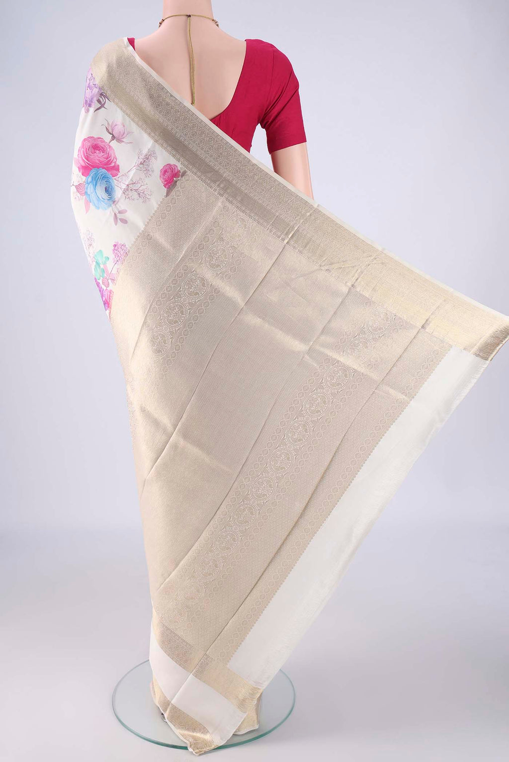 Flat view of Off White Kanchipuram Silk Saree with Floral Print on the body and Zari Border. 