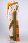 Pure Silk Cream Printed Saree with Printed design on the body and Thread Border.  displayed on a mannequin