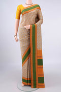 Pure Silk Beige Printed Saree with Printed design on the body and Thread Border.  displayed on a mannequin