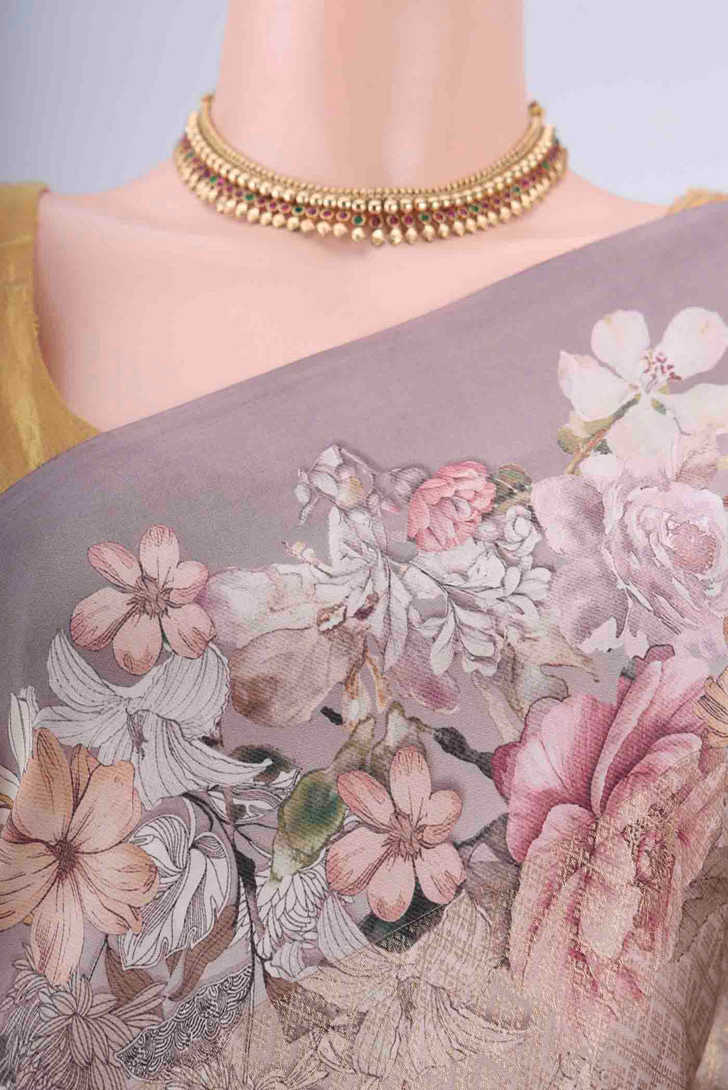 Border image of Dark Beige Banarasi Silk Saree with Zari Brocade on the body and Printed Border. 