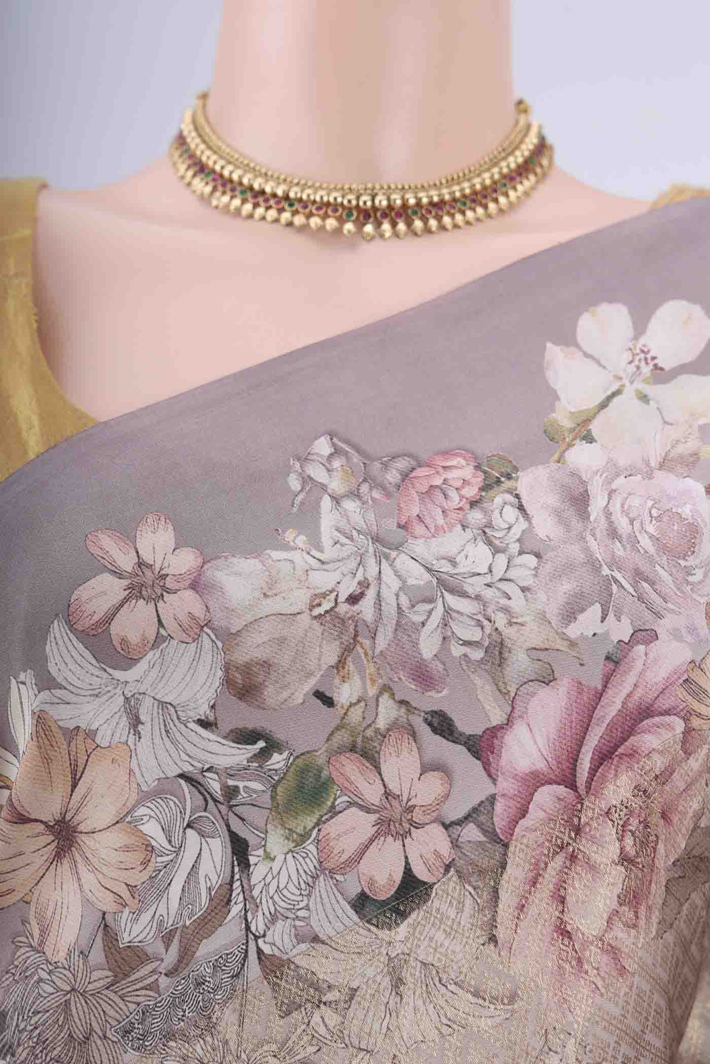 Border image of Dark Beige Banarasi Silk Saree with Zari Brocade on the body and Printed Border. 