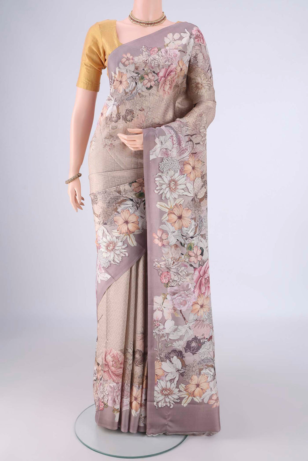 Dark Beige Banarasi Silk Saree with Zari Brocade on the body and Printed Border.  displayed on a mannequin