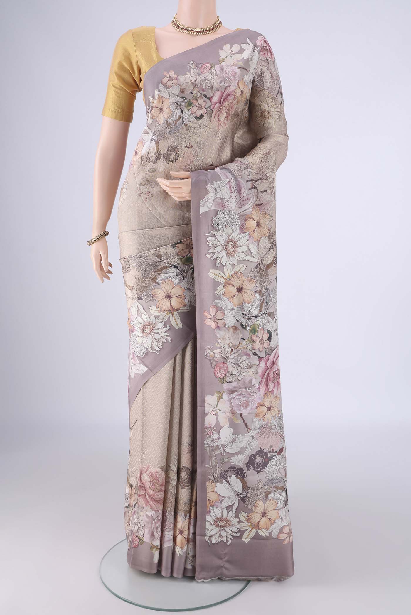 Dark Beige Banarasi Silk Saree with Zari Brocade on the body and Printed Border.  displayed on a mannequin