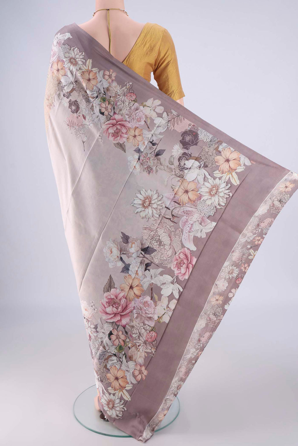 Flat view of Dark Beige Banarasi Silk Saree with Zari Brocade on the body and Printed Border. 