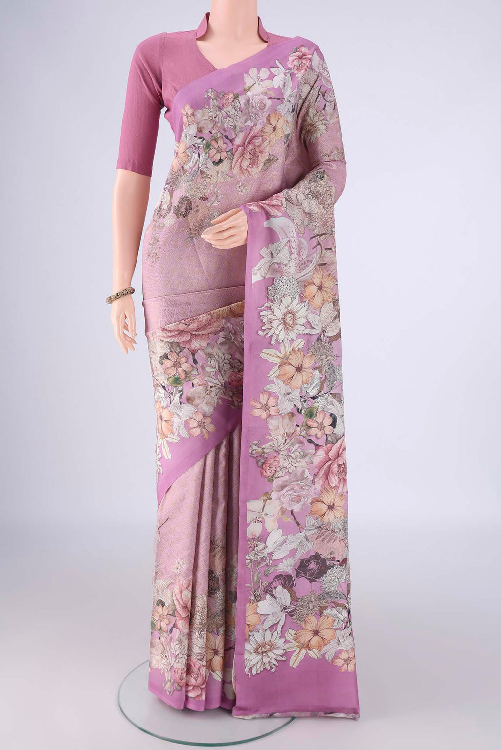 Pink Banarasi Silk Saree with Zari Brocade on the body and Printed Border.  displayed on a mannequin
