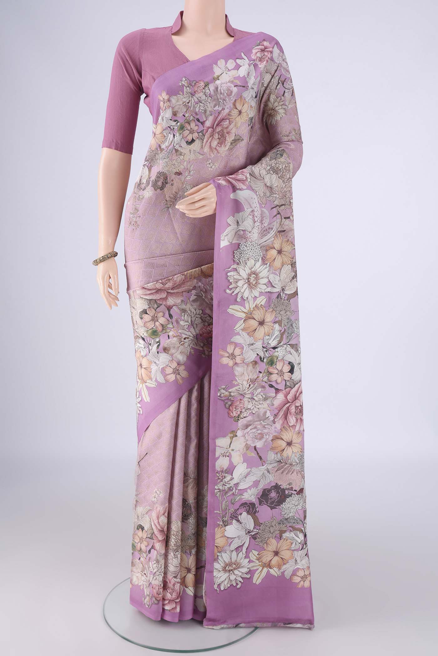 Pink Banarasi Silk Saree with Zari Brocade on the body and Printed Border.  displayed on a mannequin