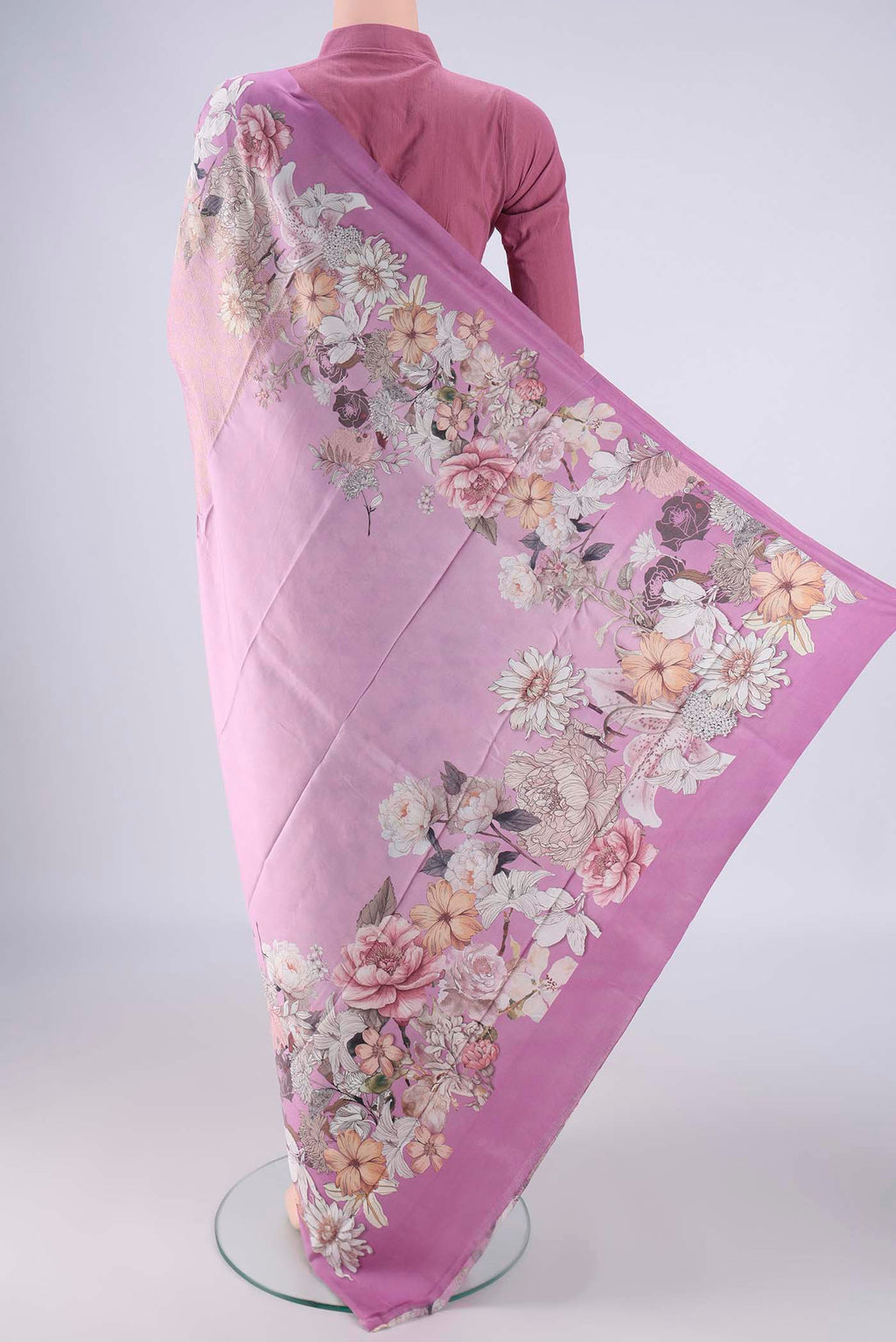 Flat view of Pink Banarasi Silk Saree with Zari Brocade on the body and Printed Border. 