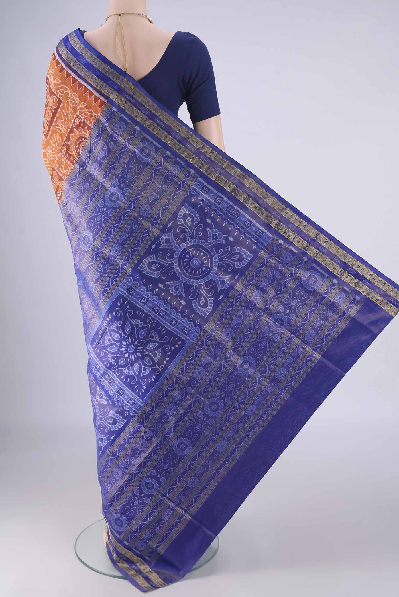 Flat view of Orange Orissa Silk Saree with Pure Ikat on the body and Thread Border. 