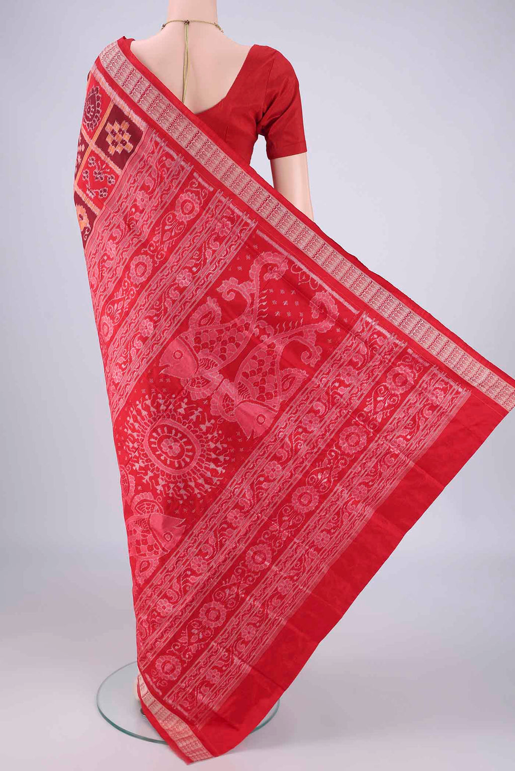 Flat view of Red Orissa Silk Saree with Pure Ikat on the body and Thread Border. 