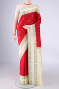 Red Kanjivaram Silk Saree with Zari Butta on the body and Zari Border.  displayed on a mannequin