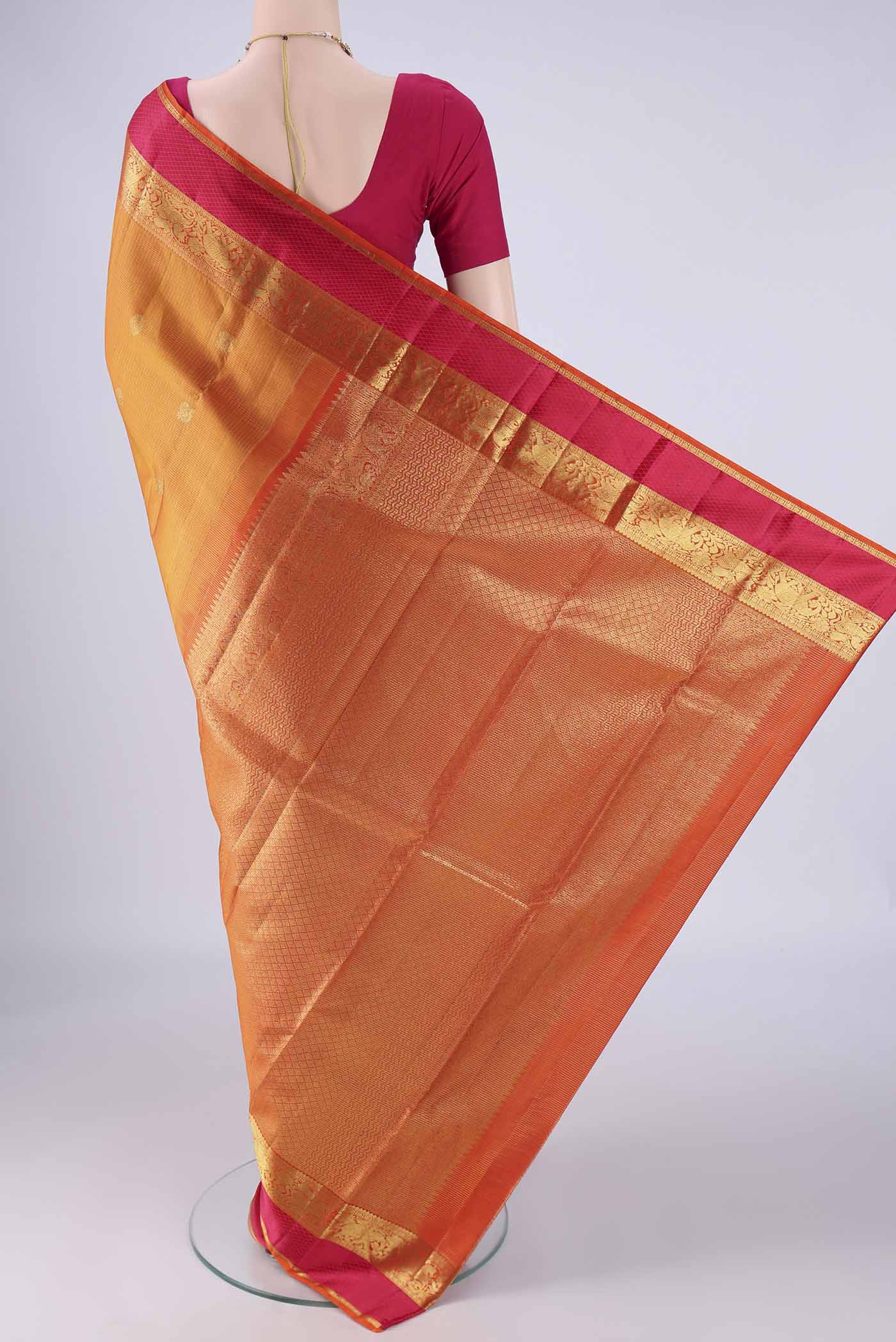 Flat view of Mustard Kanjivaram Silk Saree with Checked design on the body and Zari And Thread Border. 