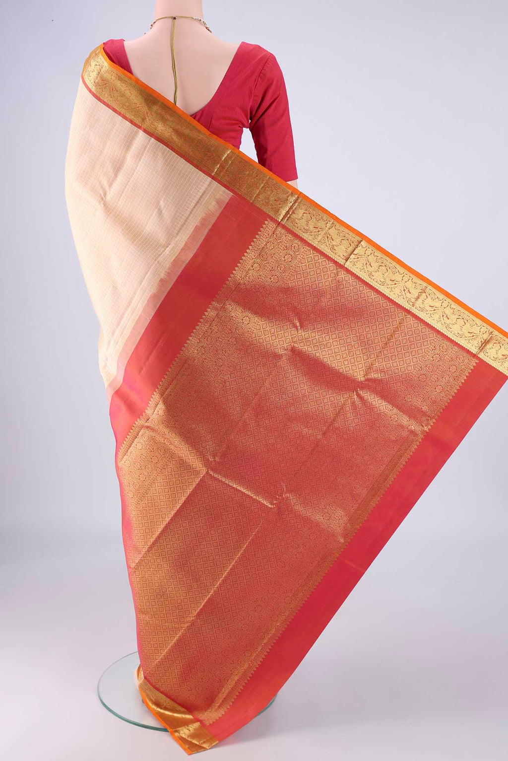 Flat view of Sandal Kanchipuram Silk Saree with Checked design on the body and Zari Border. 