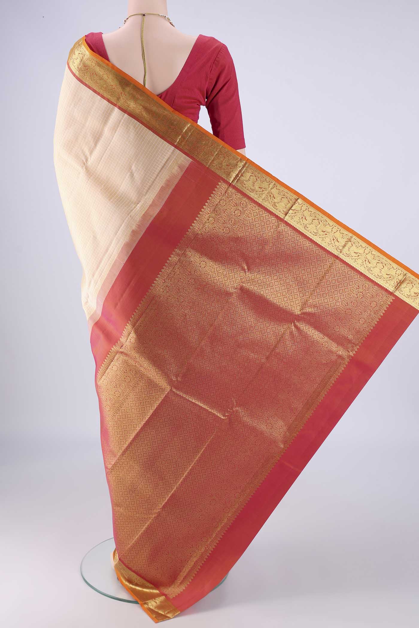 Flat view of Sandal Kanchipuram Silk Saree with Checked design on the body and Zari Border. 