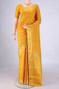 Yellow Kanjivaram Silk Saree with Jacquard design on the body and Zari Border.  displayed on a mannequin