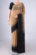 Dark Beige Kanchi Cotton Saree with Plain Body and Temple Border.  displayed on a mannequin