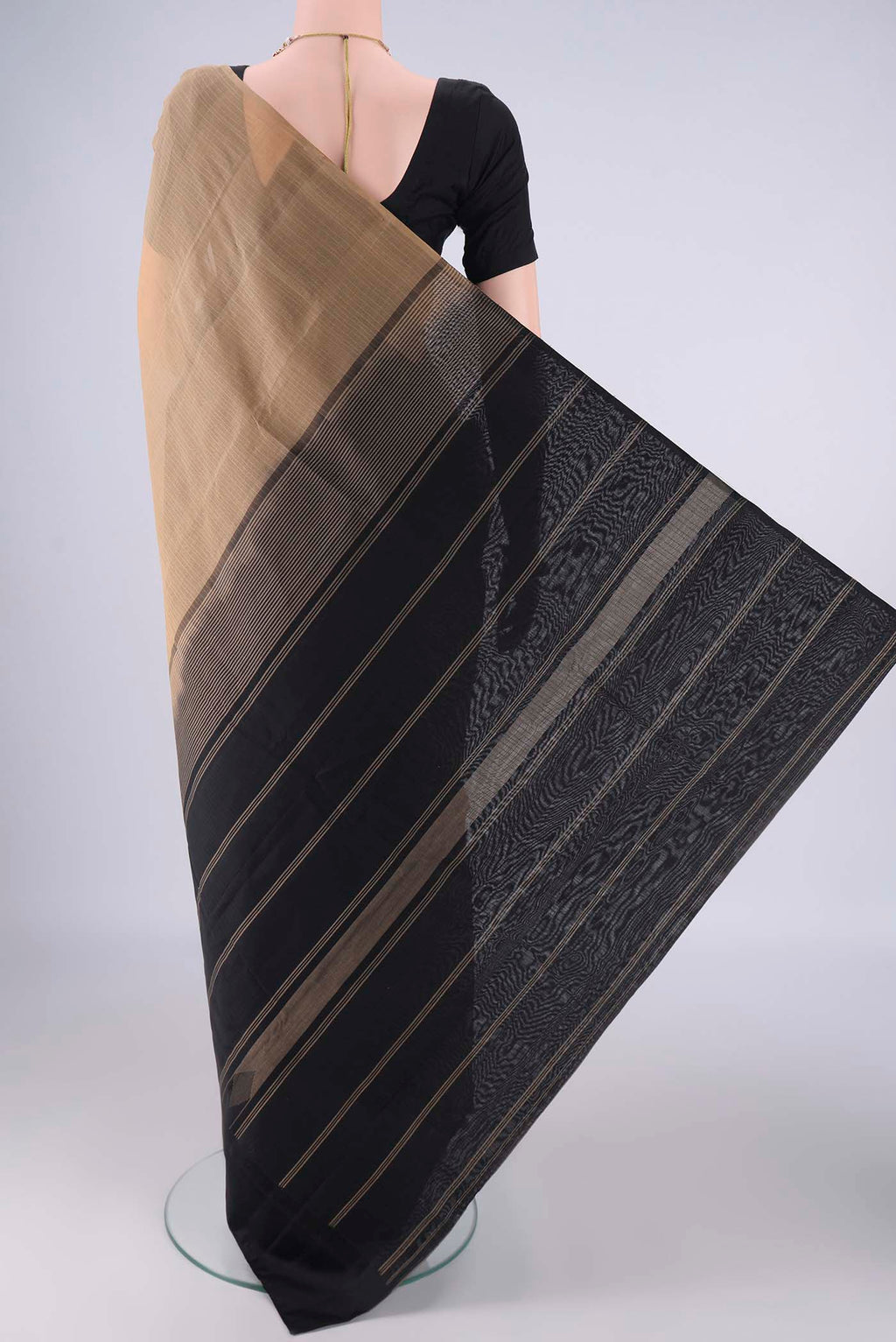Flat view of Dark Beige Kanchi Cotton Saree with Plain Body and Temple Border. 